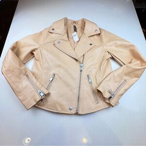 Anthropologie Vegan Leather Moto Jacket Tan Beige Zip Front Cropped Size S NWT